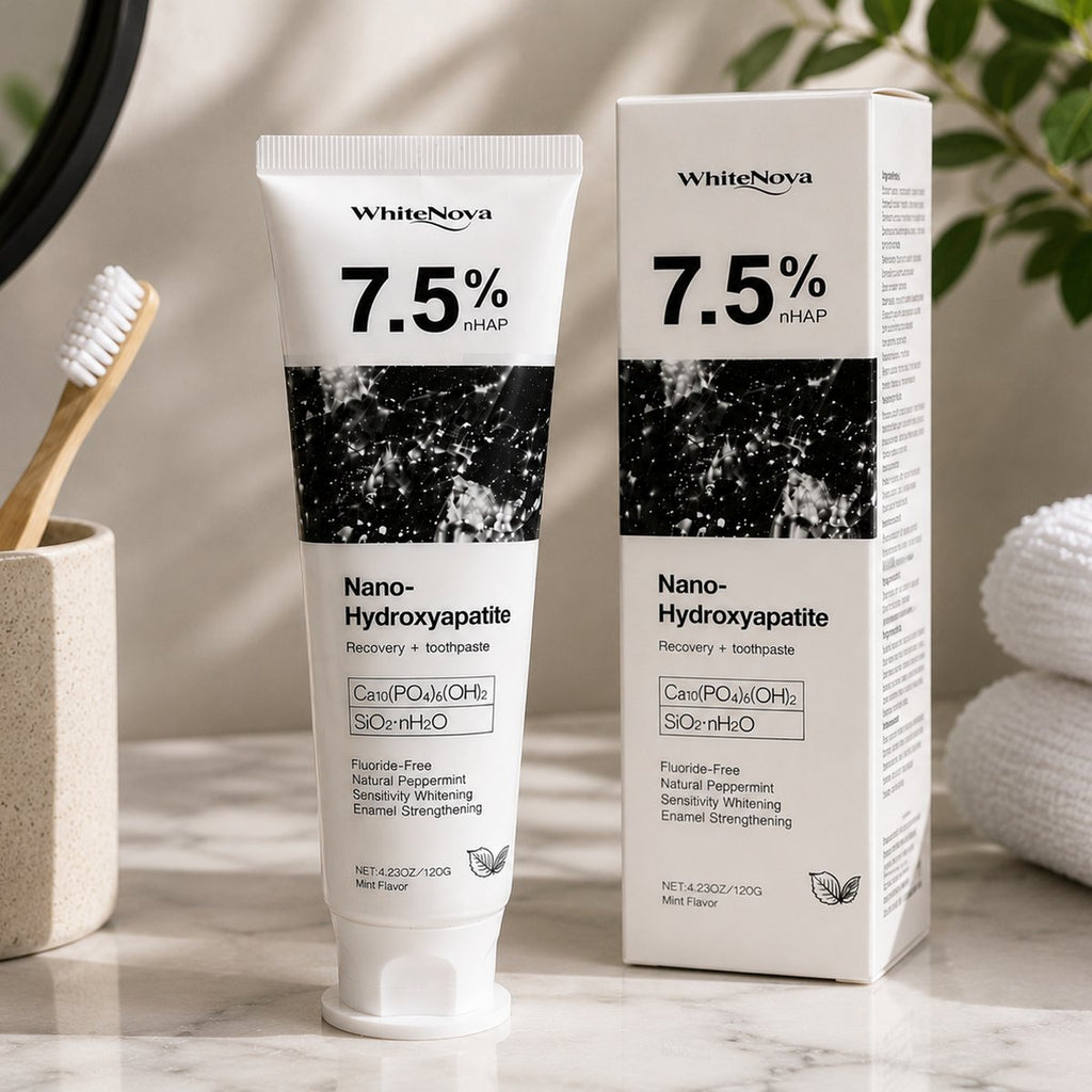 Pasta dental WhiteNova nano-hidroxiapatita 7,5% sobre el lavabo