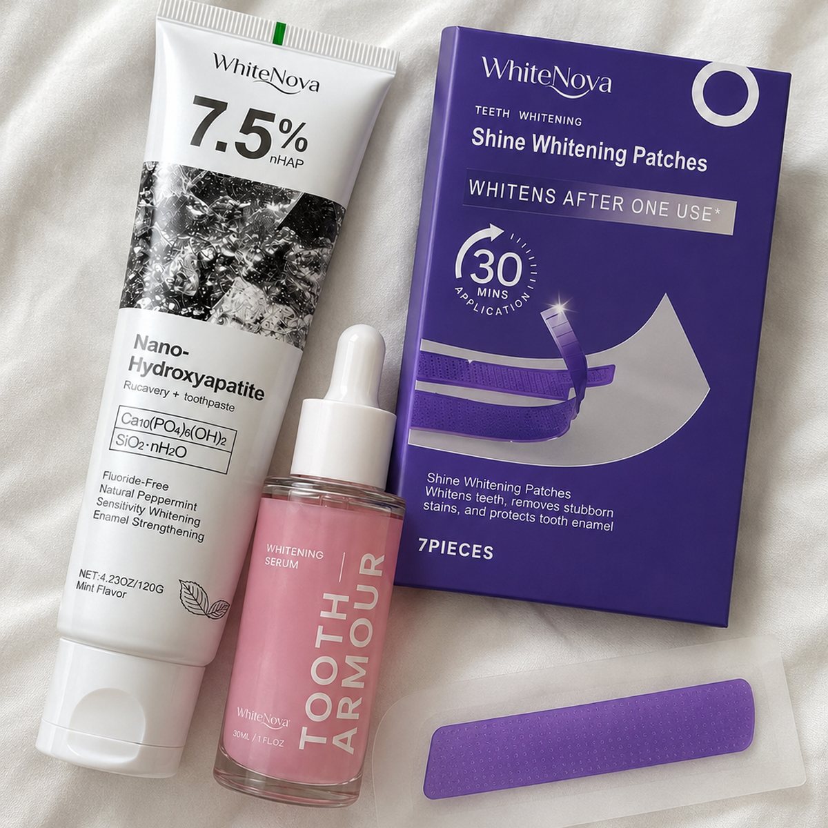 Súper Pack WhiteNova pasta serum y caja de tiritas